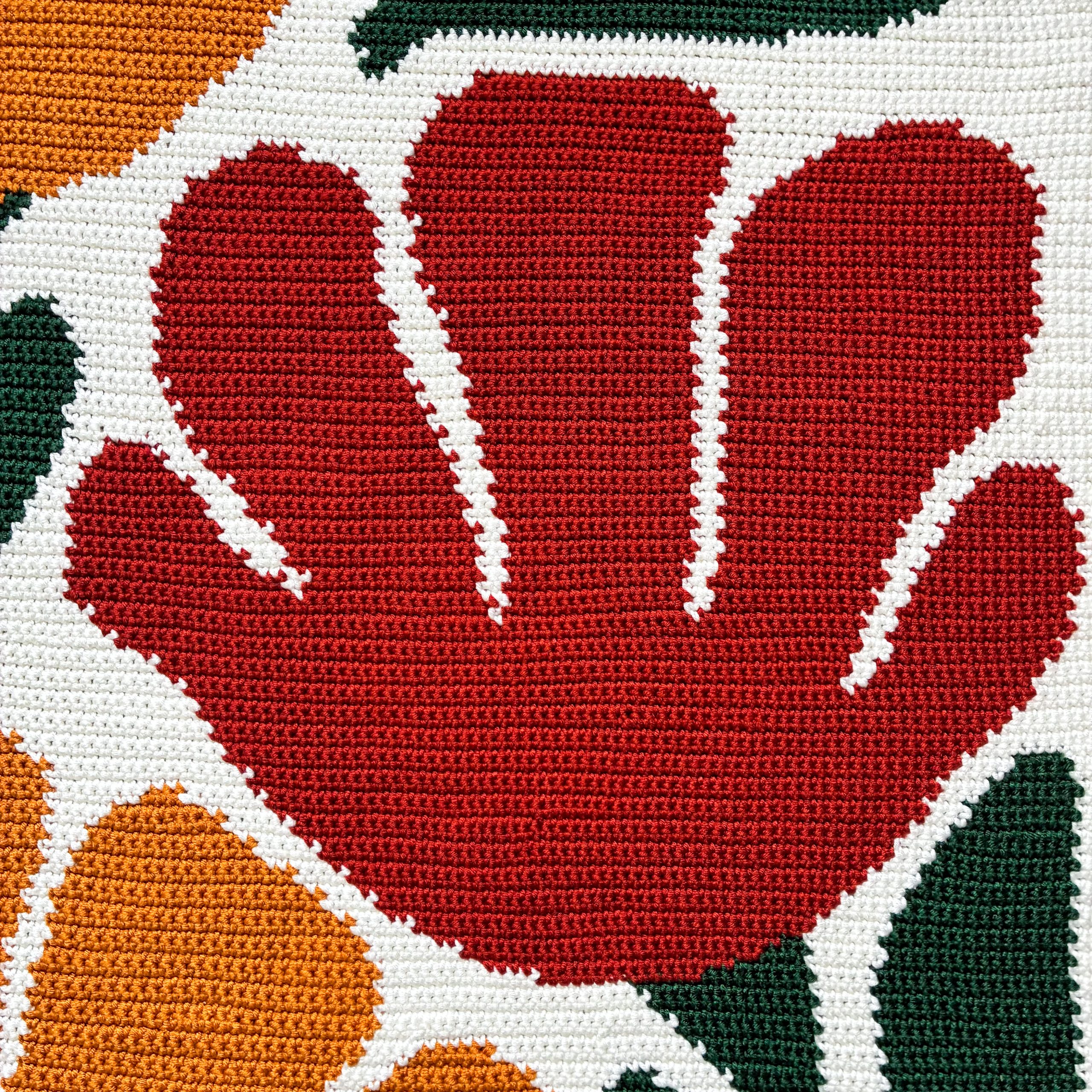 Bloom By Bloom Blanket Red Flower Close-up of the Bloom By Bloom crochet graphgan pattern showing a large red flower with cream outlines, surrounded by orange petals and dark green leaves.